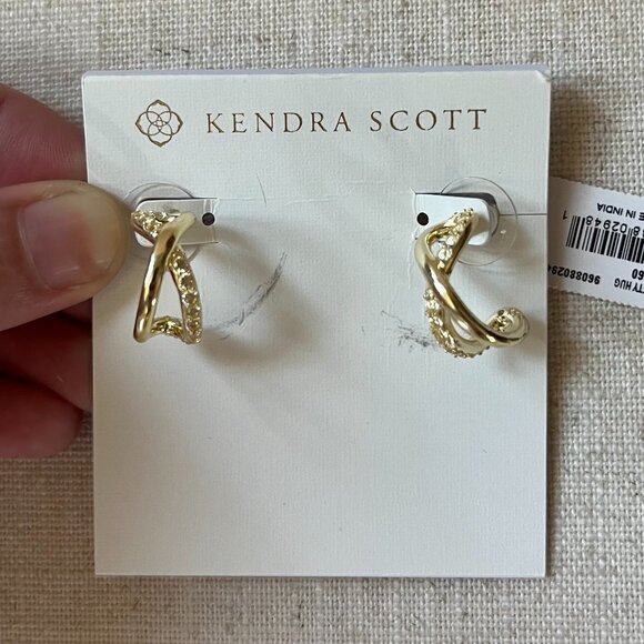 NWT Kendra Scott Annie White Crystal Gold Infinity Huggie Earrings - Picture 2 of 5